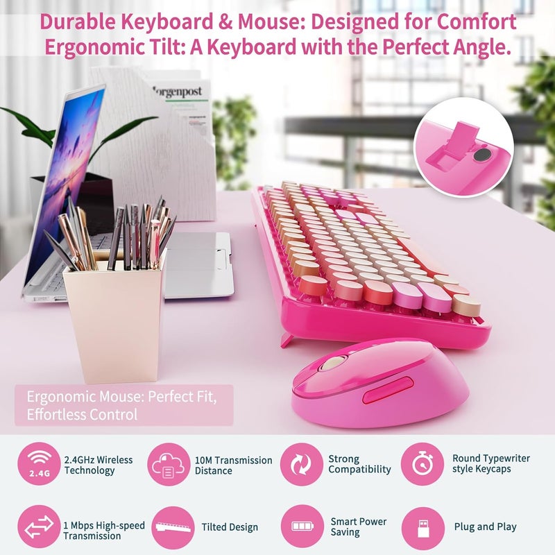 Nowlike Wireless Keyboard and Mouse Combo, Retro Typewriter Keyboard with Round Keycaps, Full-Size Ergonomic, Red, Ideal for Windows PC, Home, Office, and College, Wireless Keyboard Mouse Combo - Image 5